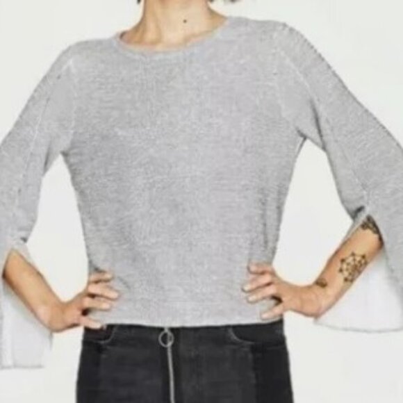 Zara Split Sleeve Puckered Knit Top - White/Black Check - Size M - Picture 2 of 7